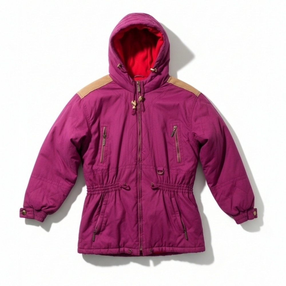Vintage Powderhorn Women's Ski Jacket Size 12 Magenta Hooded Leather Trim